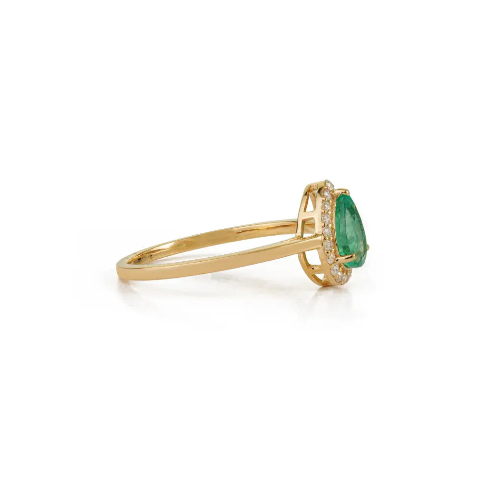 Minimal Emerald & Diamond K18 Solid Yellow Gold Pear Shape Halo Ring Customized Jewelry