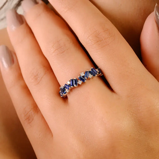 Unique Design Blue Sapphire & Diamond Zig Zag Half Band Ring Stacking 14K Solid Gold Jewelry