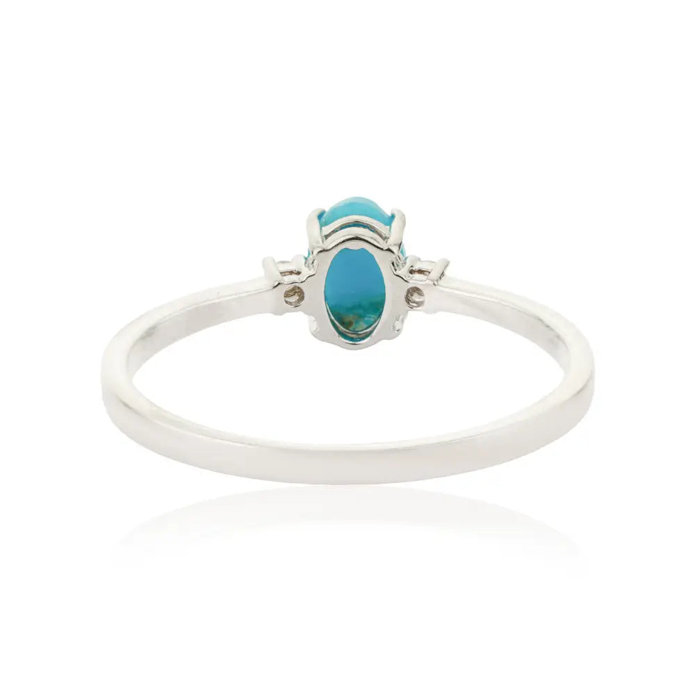 Minimal Cabochon Cut Turquoise & Diamond 14K Solid White Gold Gemstone Ring Daily Wear