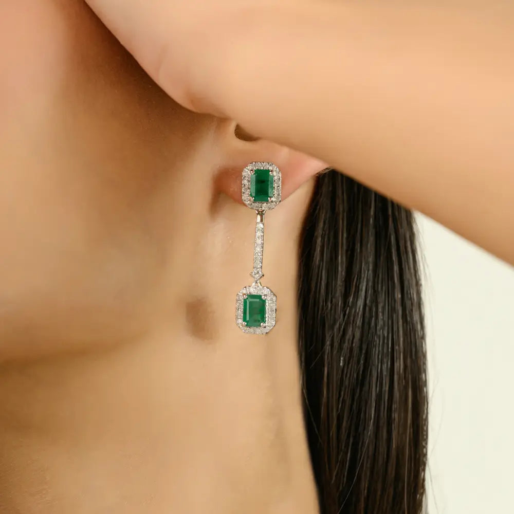 Trending Zambian Emerald & Diamond Dangle Earrings Handmade Jewelry 14K White Gold
