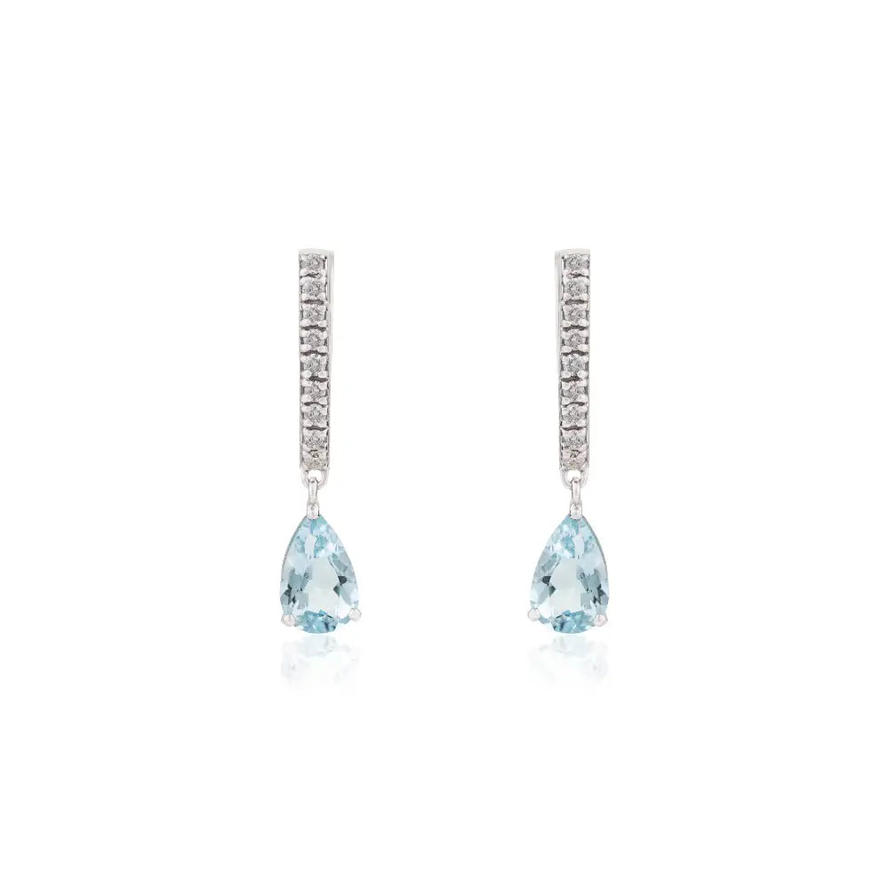Pear Shape Aquamarine & Diamond Small Hoop Charm Earrings Letch Back 14K White Gold