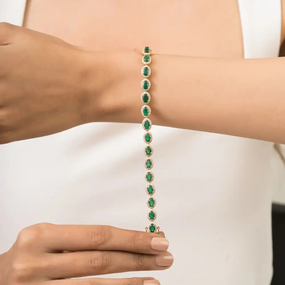 Luxurious Emerald & Diamond 18K Real Yellow Gold Halo Tennis Bracelet Trending Jewelry