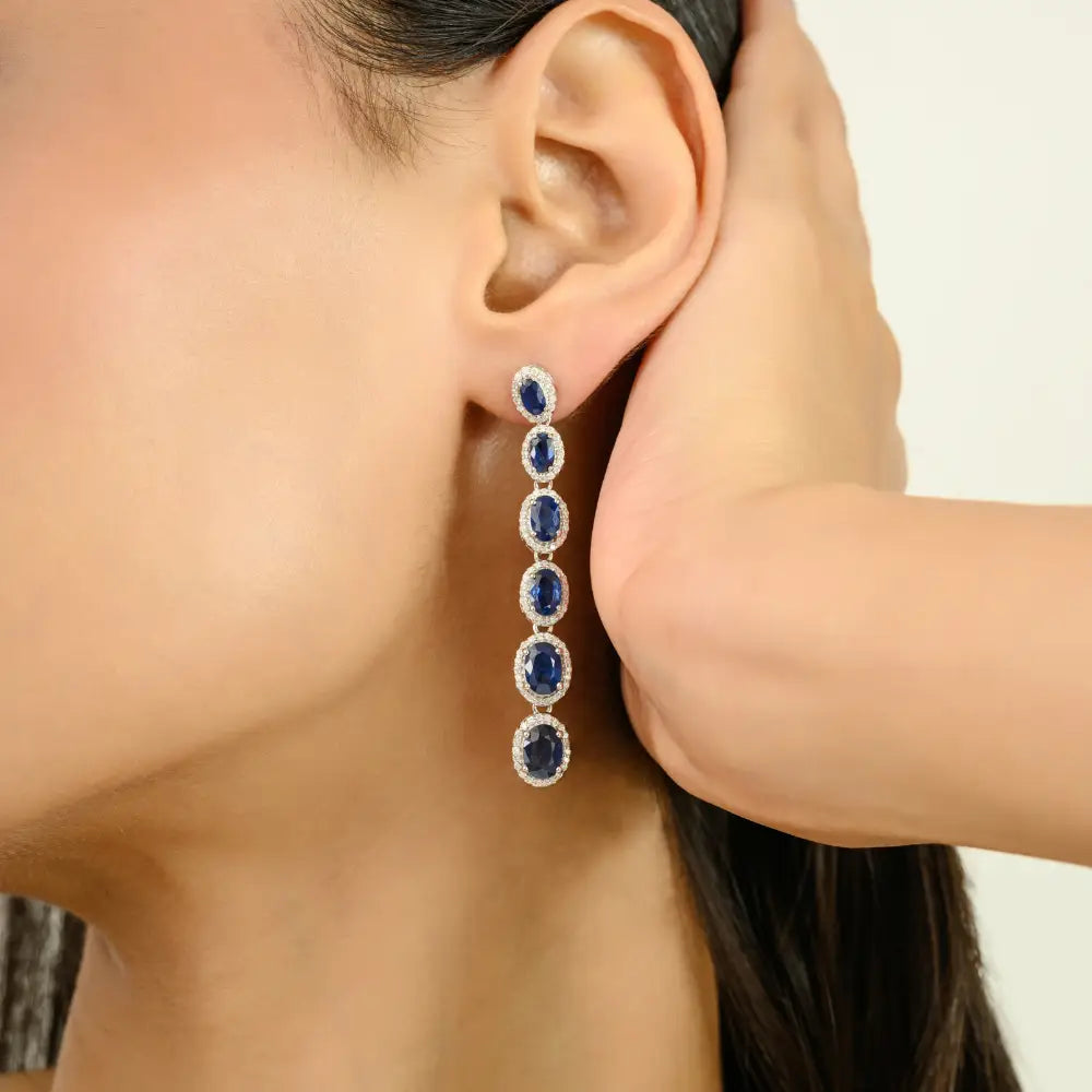 Graduated Set Gemstone Blue Sapphire & Diamond Long Dangle Earrings Real K14 Solid White Gold