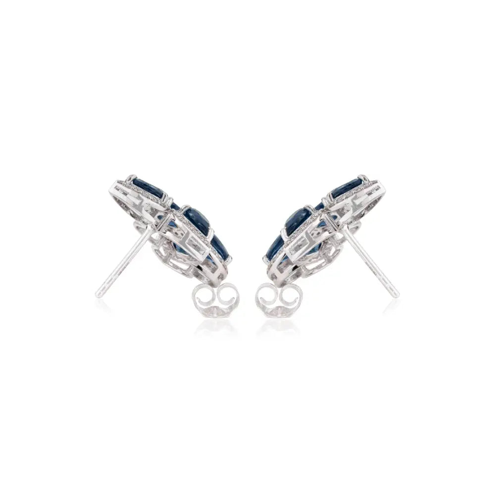 Unique Design Blue Sapphire & Diamond 14K Solid White Gold Wings Shape Halo Stud Earrings