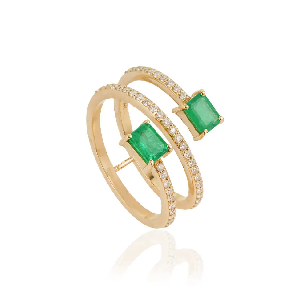 Precious Gemstone Emerald & Diamond Wrap Spiral Ring Statement 14K Yellow Gold Jewelry