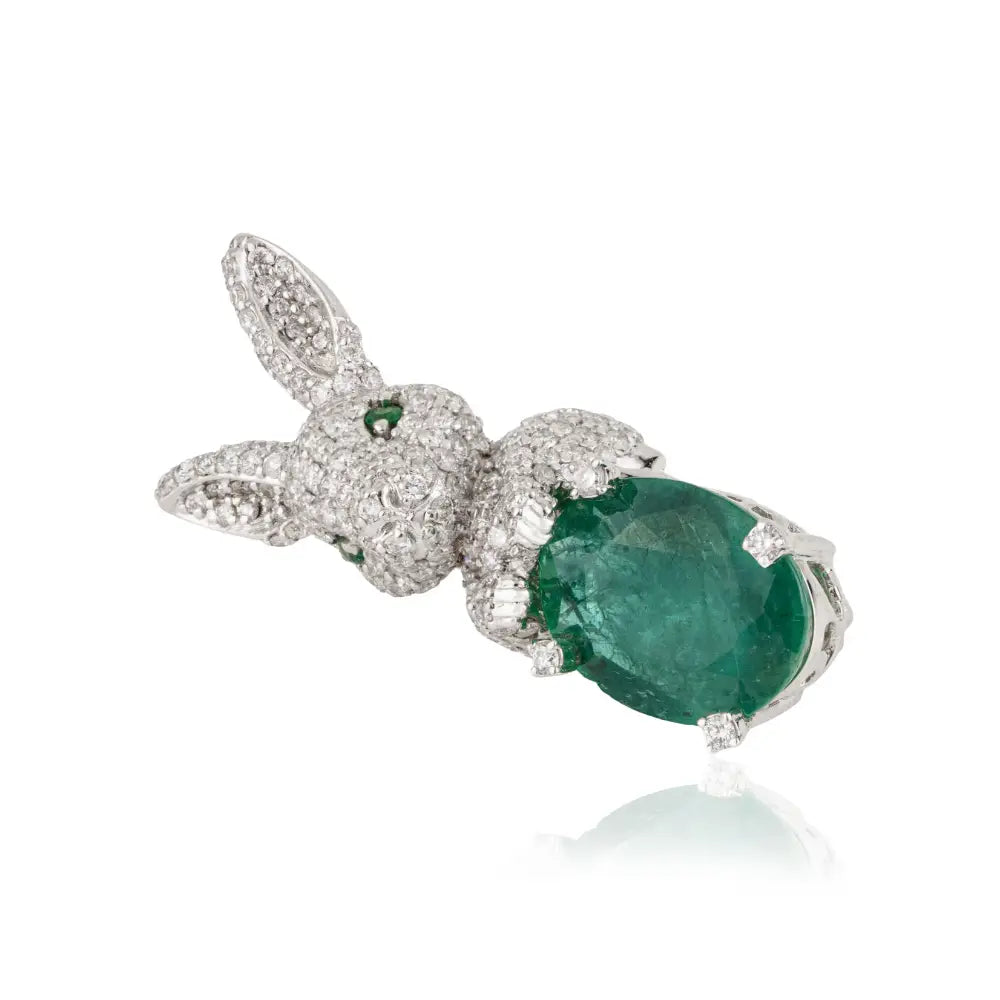 Unique Design Handmade Emerald & Diamond 14K White Gold Bunny Rabbit Brooch For Men