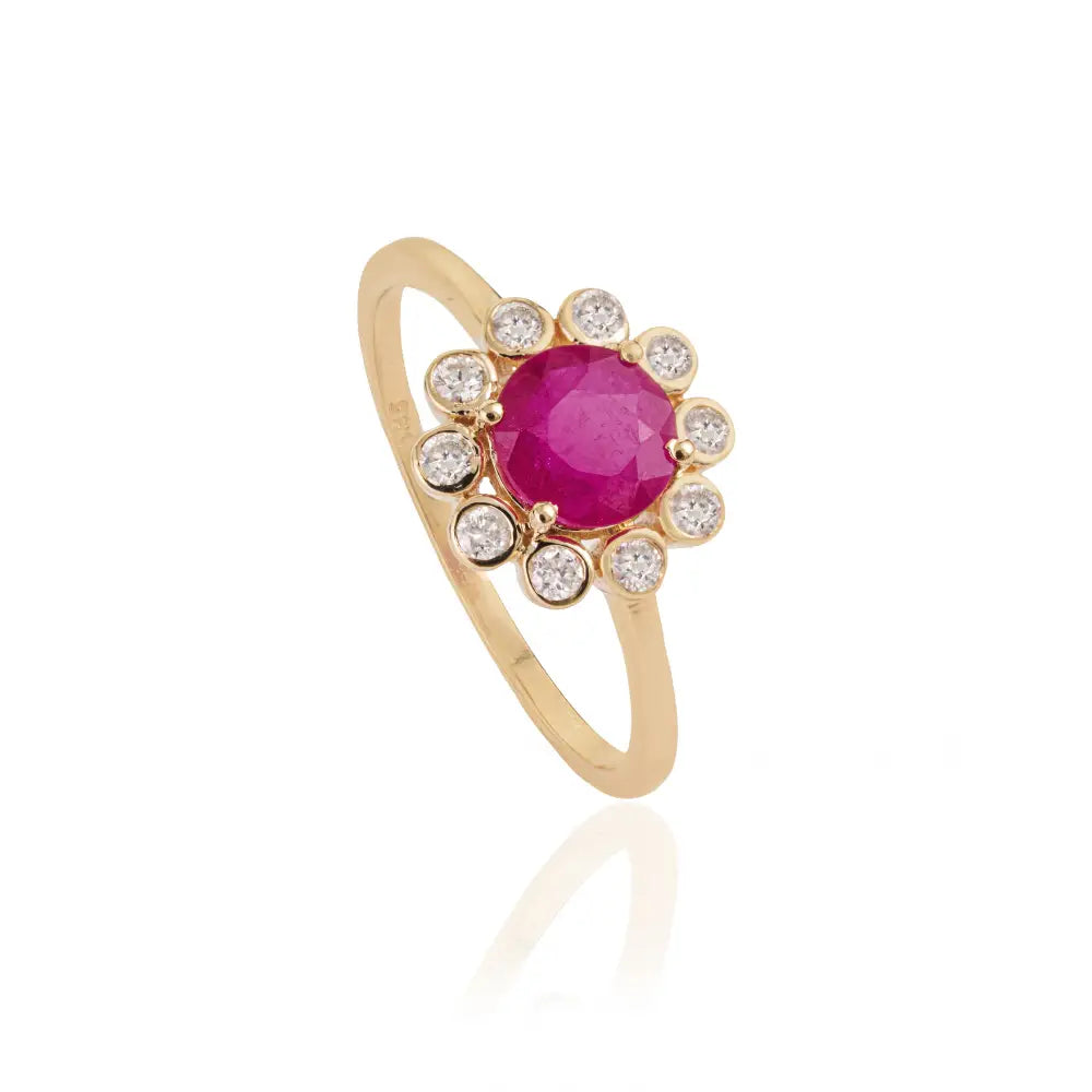 Round Cut Ruby & Diamond Floral Inspired Cluster Ring For Women's 14K Yellow Gold Gift For Her