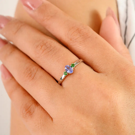 Dainty Minimalist Tanzanite & Tsavorite Three Stone Ring Solid K14 White Gold Everyday Jewelry