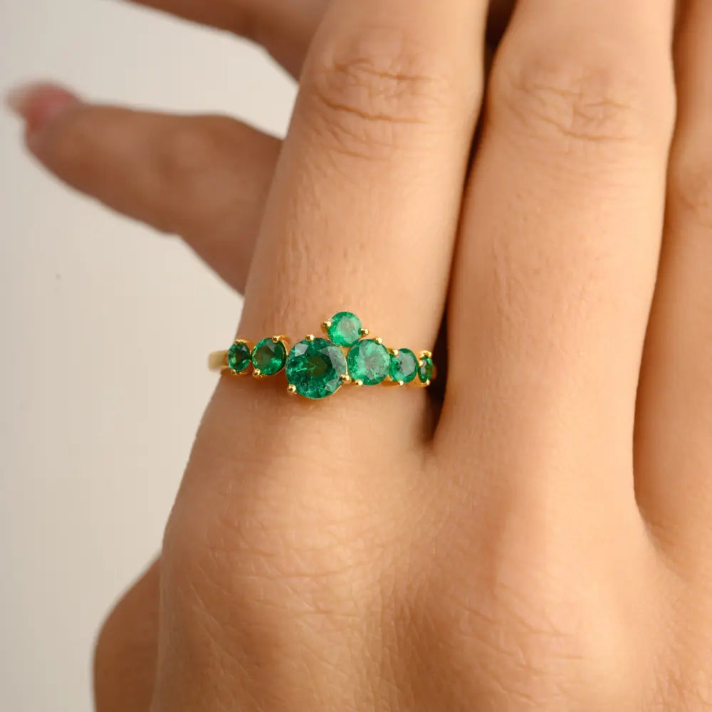 Custom Jewelry 14K Solid Yellow Gold Christmas Gift Round Cut Emerald Ring