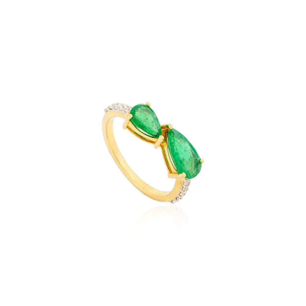 New Design Natural Emerald & Diamond Real 14K Yellow Gold Stackable Gemstone Ring