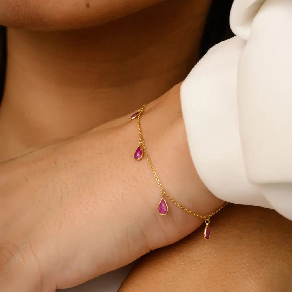 July Birthstone Natural Pear Shape Ruby Solid 18K Yellow Gold Charm Bracelet