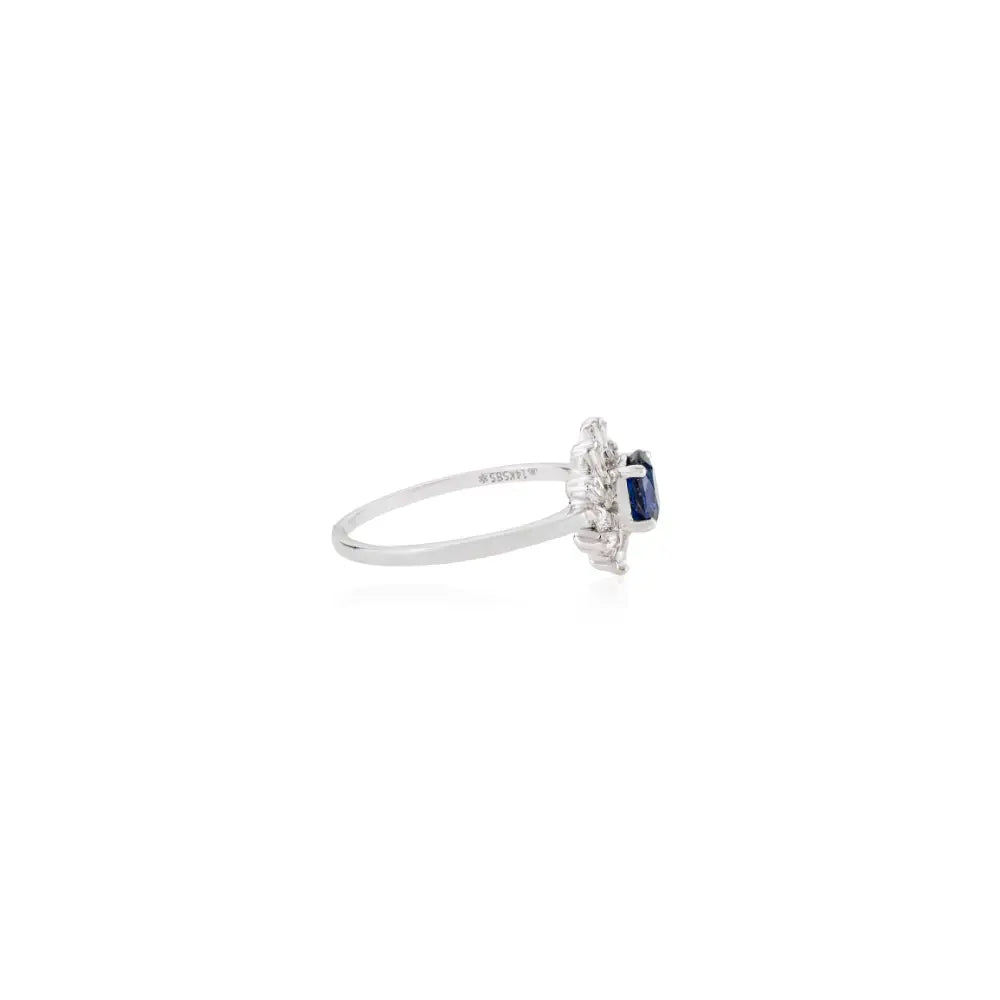 Elegant Design Blue Sapphire & Diamond 14K Real White Gold Cluster Engagement Ring