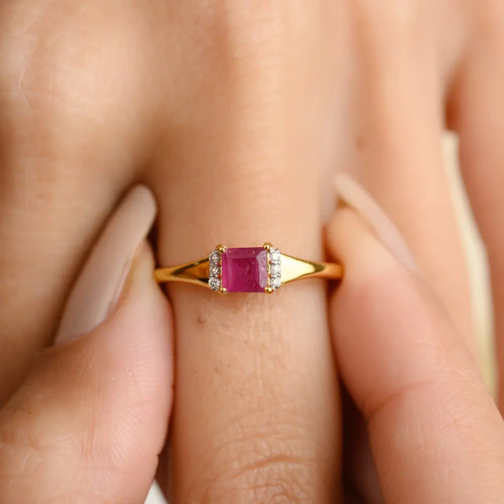 Exquisite Jewelry Solid 18K Yellow Gold Ruby & Diamond Handmade Ring