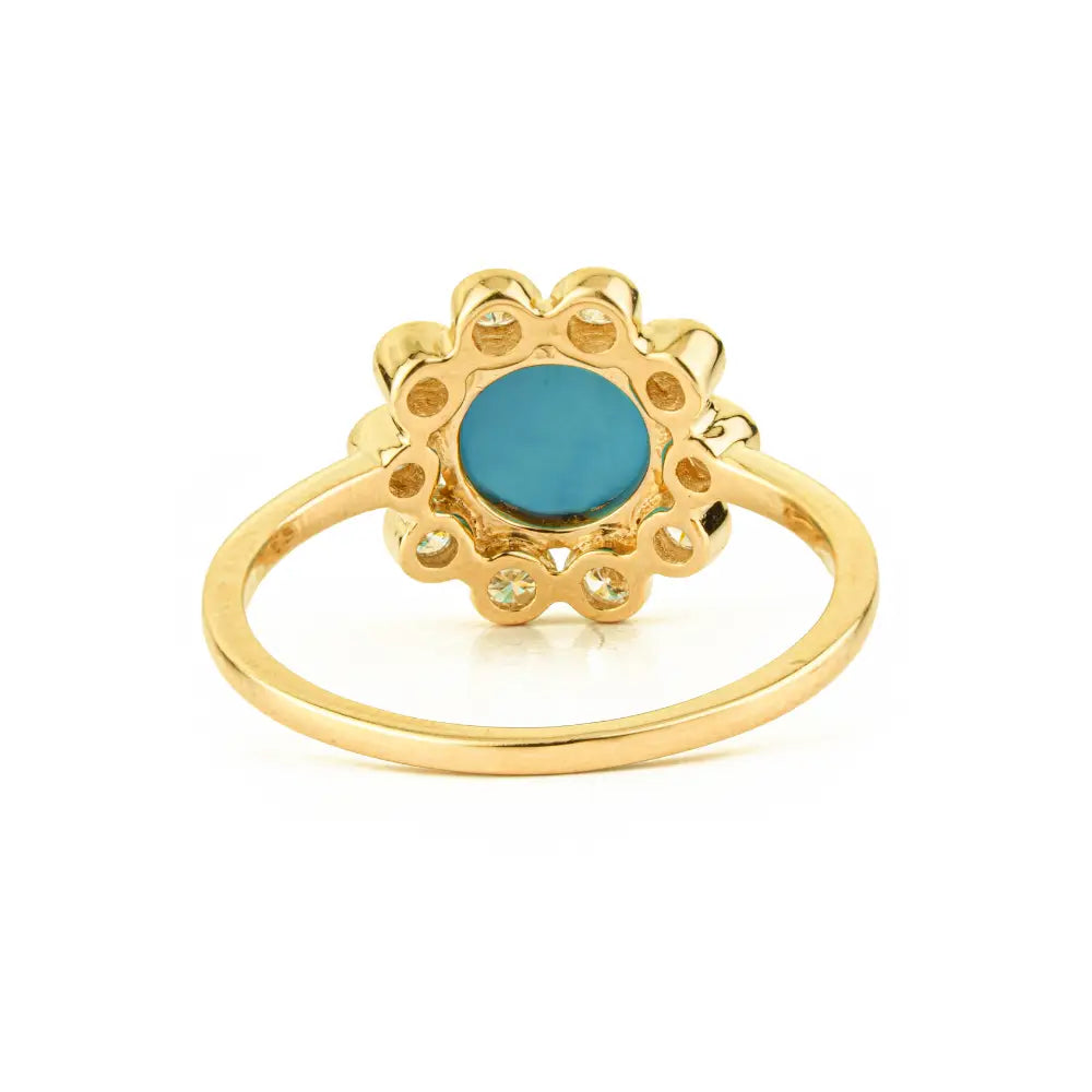 Flower Inspired 14K Yellow Gold 7mm Round Cut Turquoise & Diamond Cluster Ring For Unisex