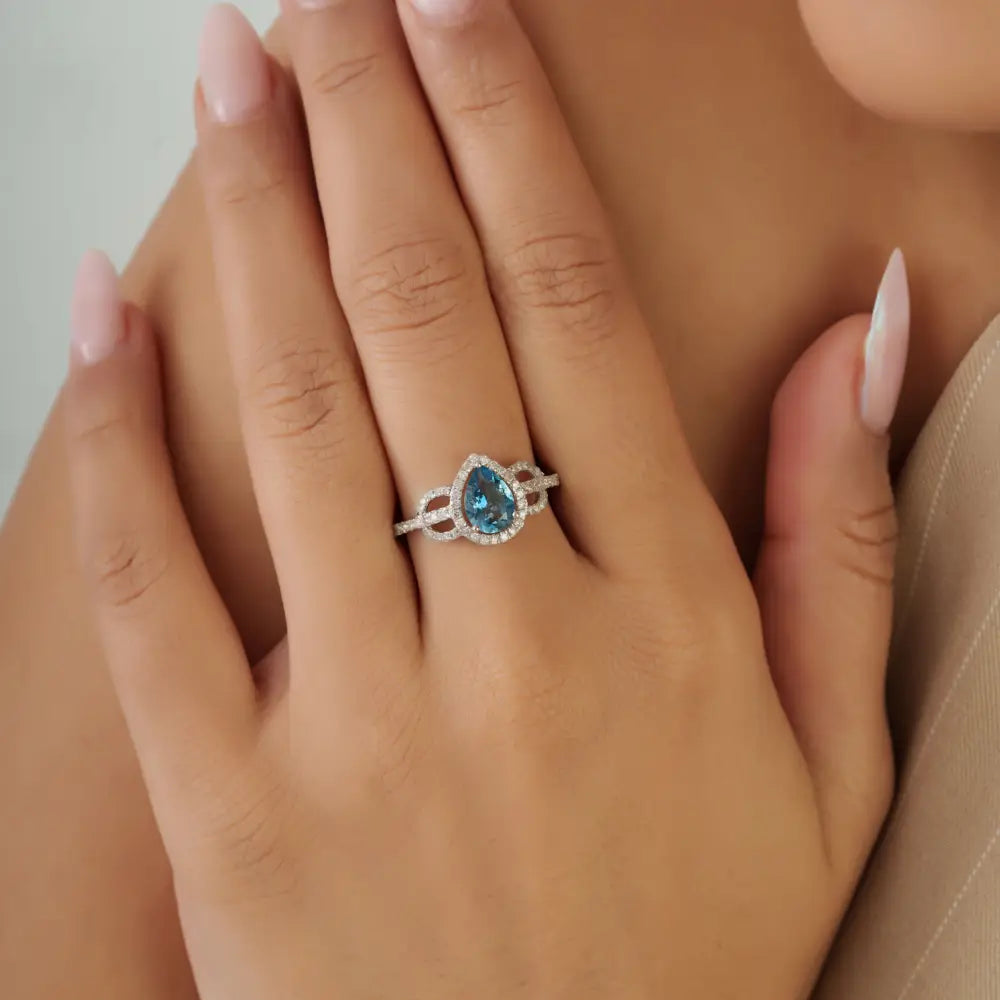 Fine Handmade Aquamarine & Diamond 14K White Gold Statement Ring March Birthstone