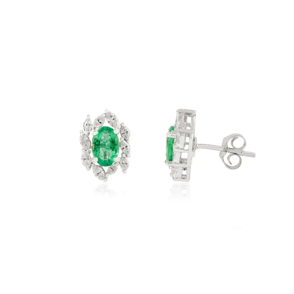 Prong Setting Emerald & Diamond Unique Design Stud Earrings Everyday Jewelry 14K Gold