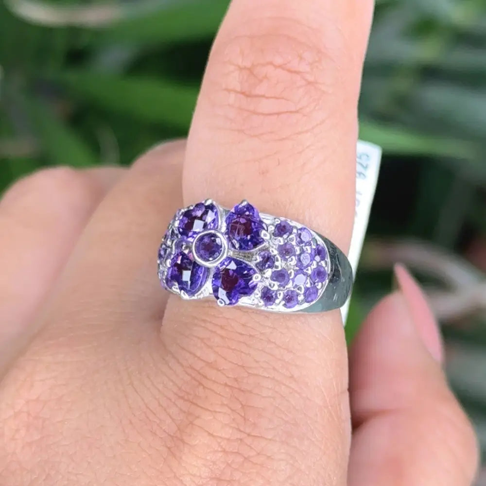 Gorgeous Top Quality Real Amethyst Flower Dome Ring For Wedding Accessories