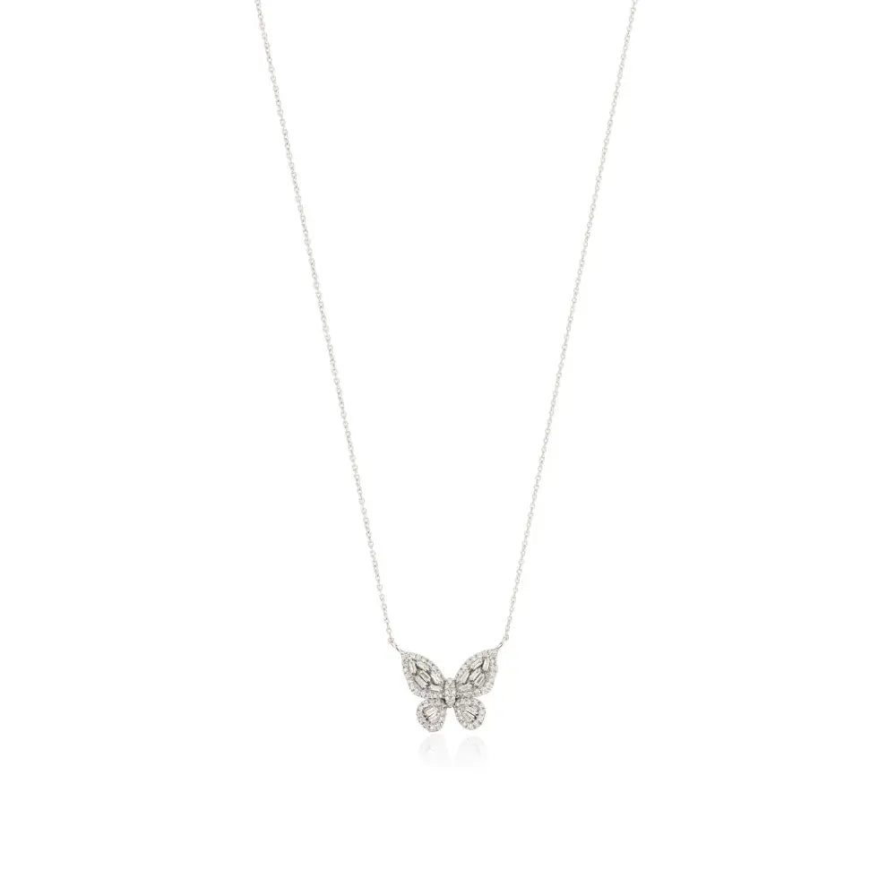 Natural Diamond Real 14K White Gold Butterfly Pendant Necklace Wedding Statement Jewelry