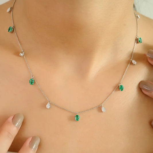 Elegant Design 14K White Gold Emerald & Diamond Stacking Charm Necklace Everyday Jewelry