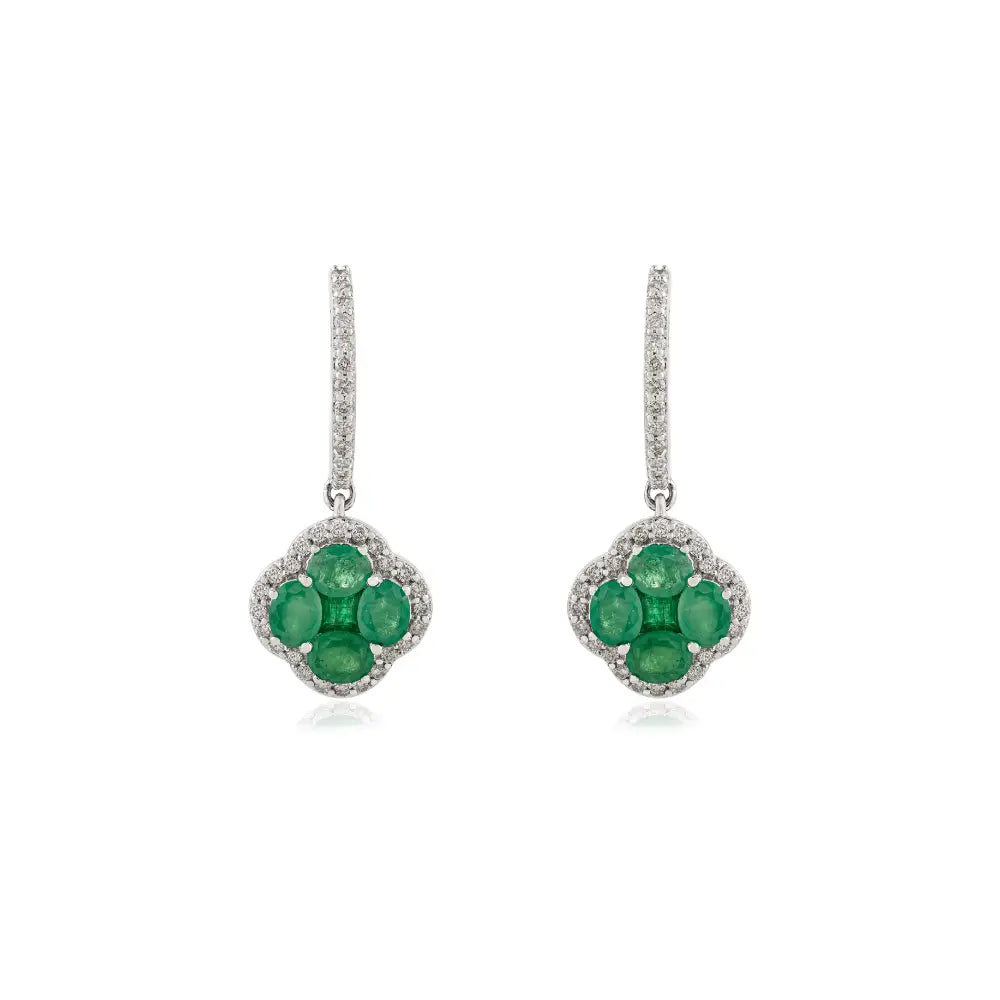 K14 White Gold Emerald & Diamond Hoop Charm Clover Drop Earrings Statement Jewelry