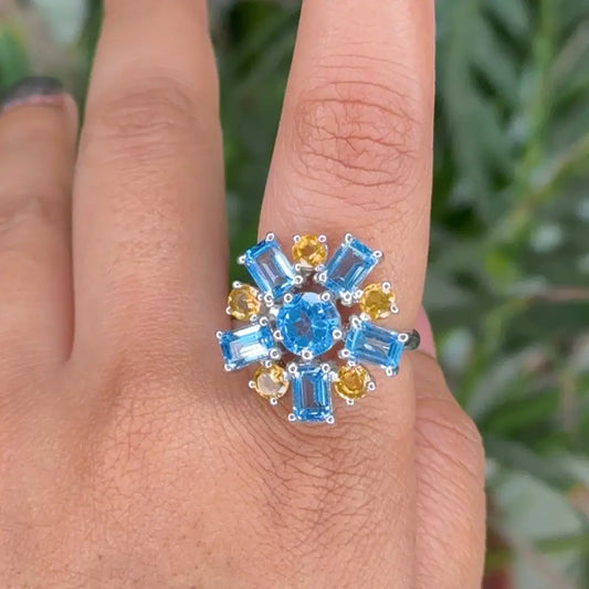 New Trendy Natural Blue Topaz & Citrine Flower Cocktail Ring For Women Birthstone Jewelry