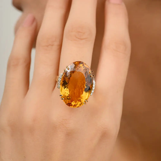 Oval Citrine & Round Diamond Solid 14K Yellow Gold Cocktail Ring November Birthstone Jewelry