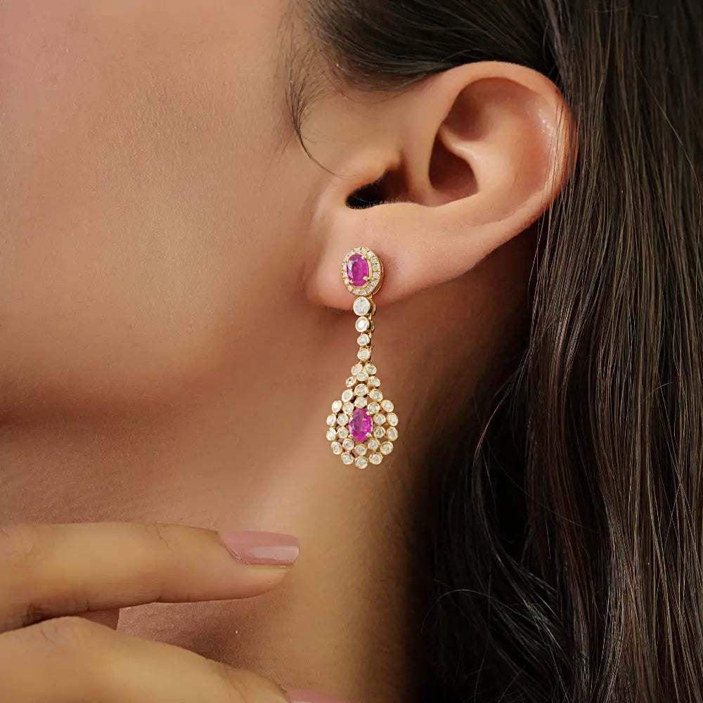 Bold Statement Ruby & Diamond Solid K14 Yellow Gold Dangle Earrings Anniversary Gift