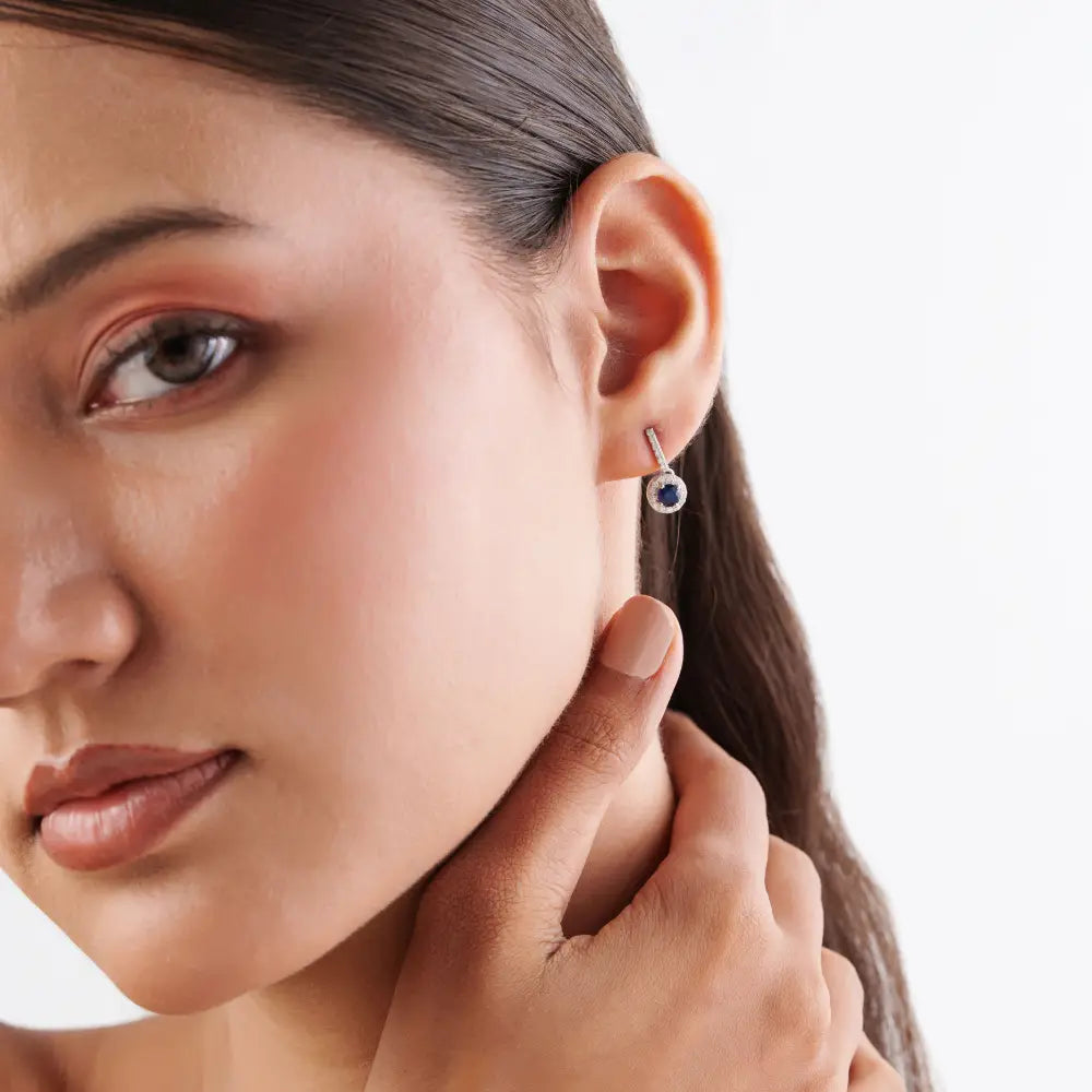 Real 14K White Gold Blue Sapphire & Diamond Minimal Halo Drop Earrings Everyday Wear Jewelry