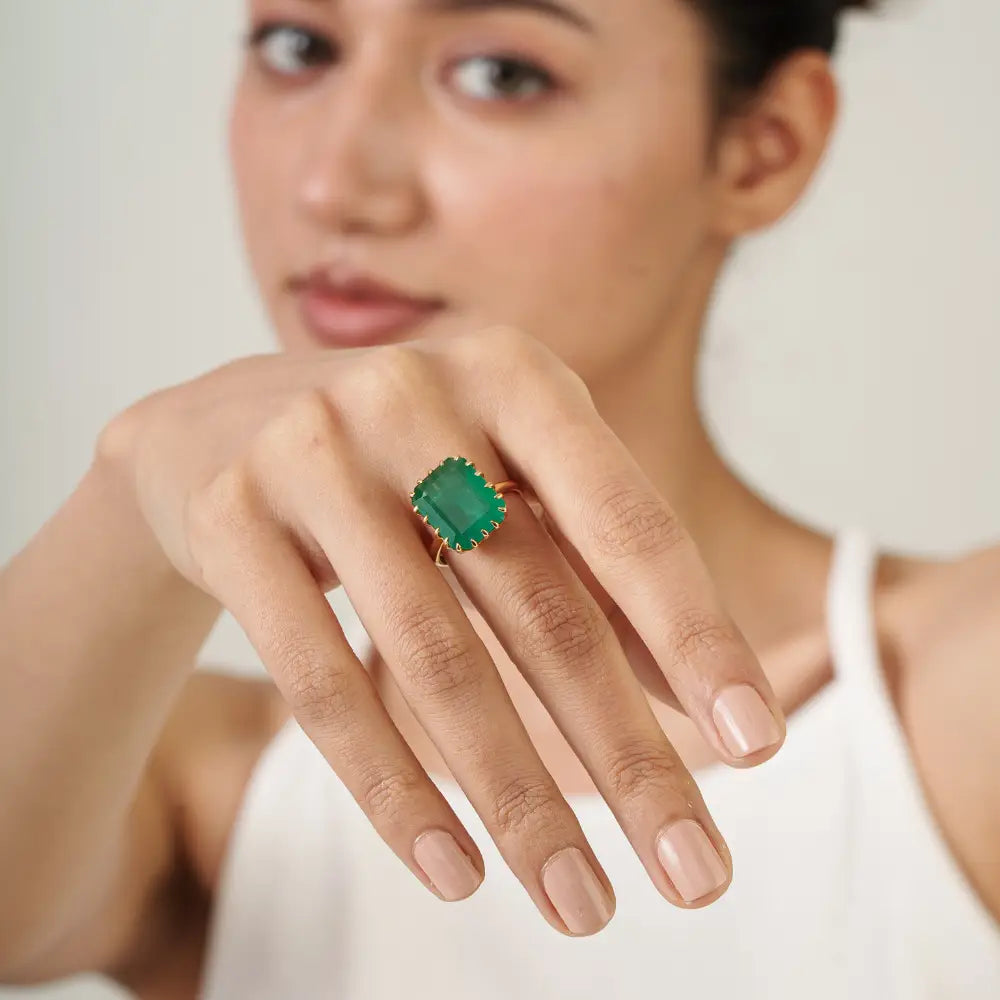 18K Solid Yellow Gold Zambian Emerald Big Gemstone Solitaire Ring Bold Statement Jewelry