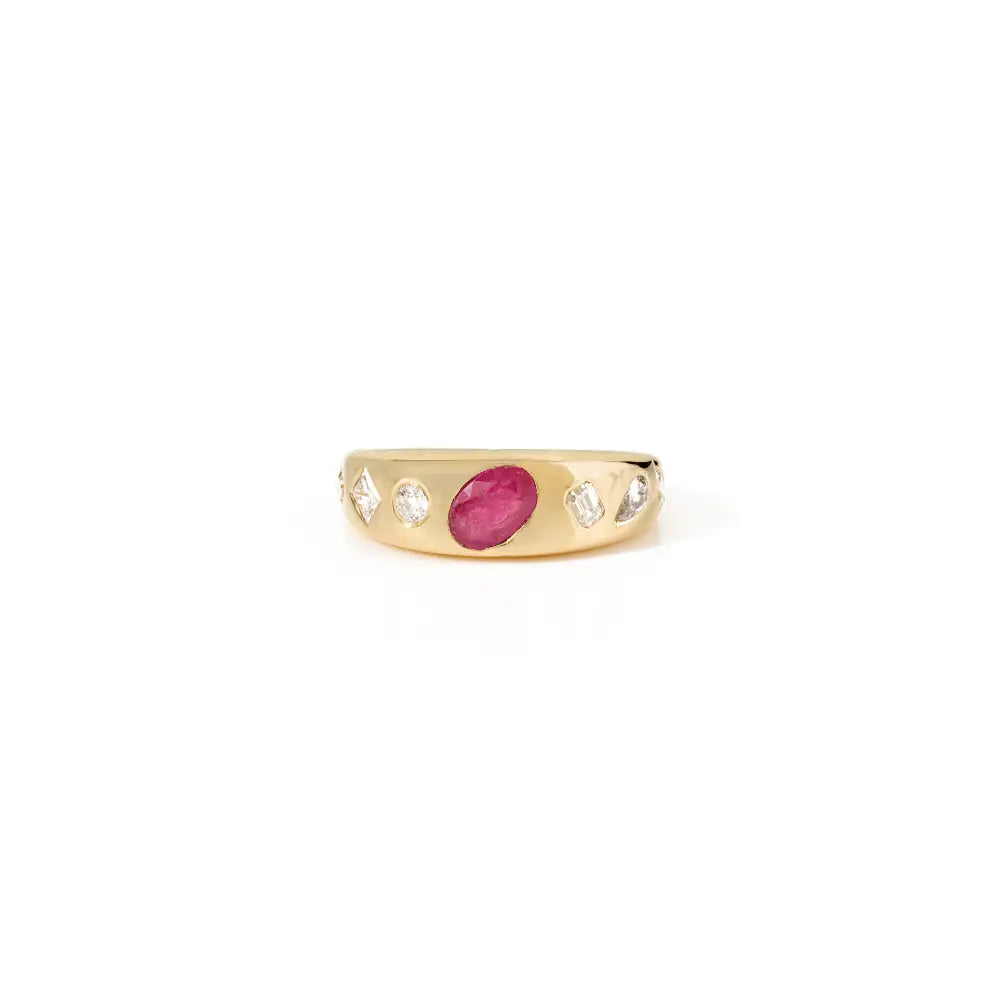 Best Selling Mixed Shape Diamond & Ruby Chunky Dome Ring 18K Yellow Gold Engagement Jewelry