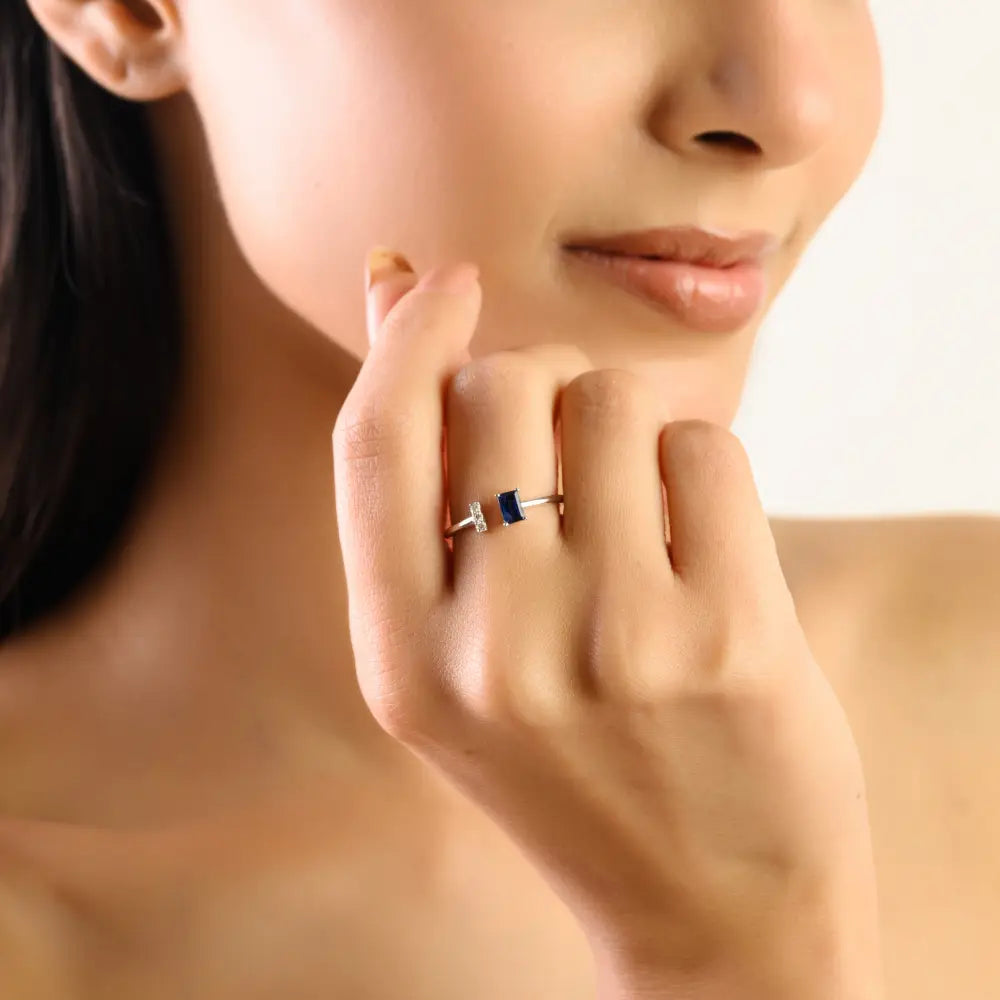 Simple Design K14 White Gold Blue Sapphire & Diamond Open Gemstone Ring Good Price Jewelry