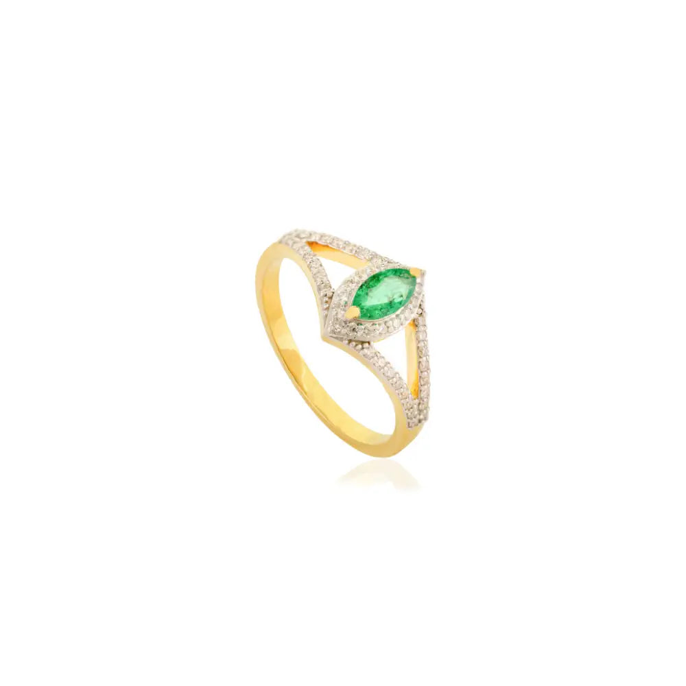 Marquise Cut Emerald & Diamond 18K Yellow Gold Split Shank Stackable Ring Handmade Jewelry