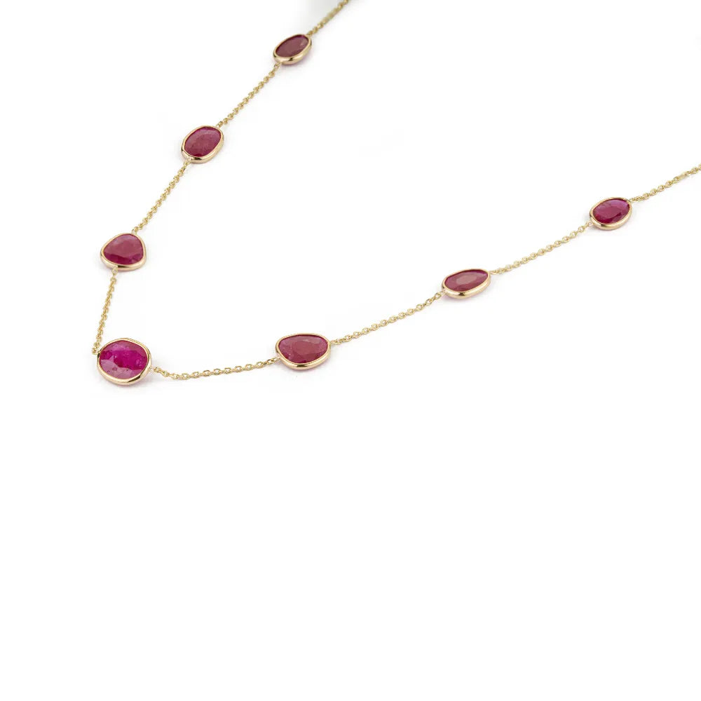 100% Natural Uneven Cut Ruby Gemstone Station Chain Necklace Wholesale 14K Yellow Gold Bulk Jewelry