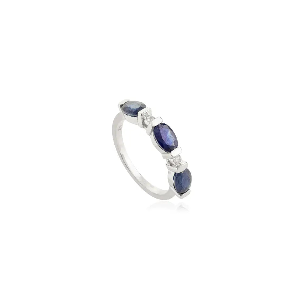 Oval Blue Sapphire & Round Diamond Three Stone Ring Real White Gold 14K Jewelry