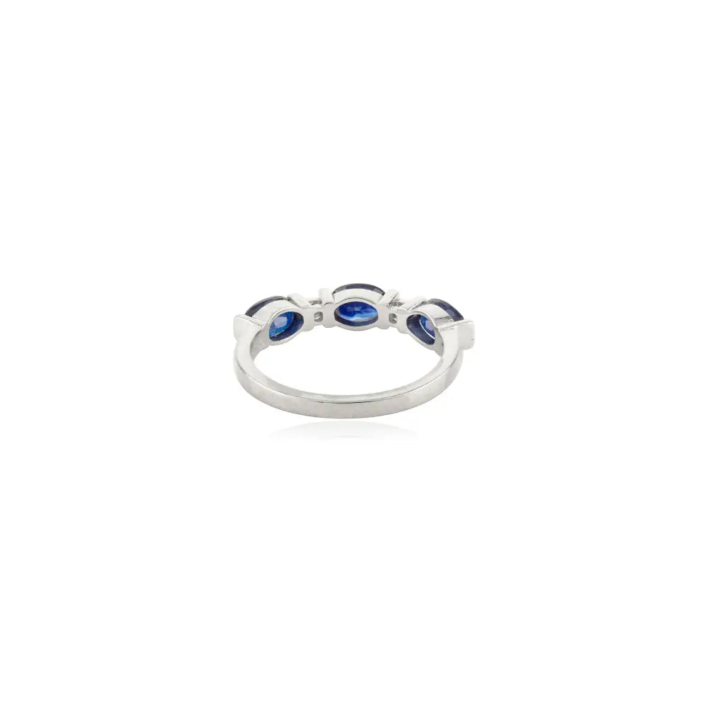 Oval Blue Sapphire & Round Diamond Three Stone Ring Real White Gold 14K Jewelry
