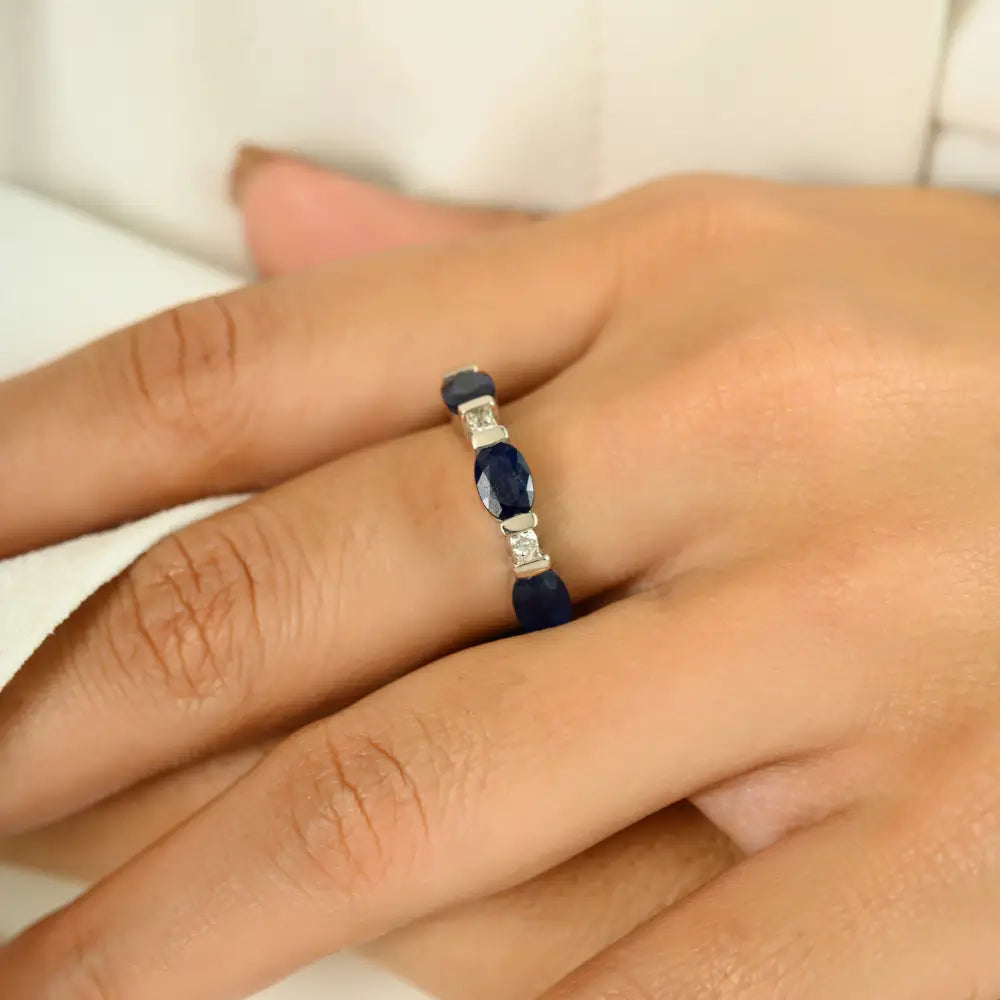 Oval Blue Sapphire & Round Diamond Three Stone Ring Real White Gold 14K Jewelry