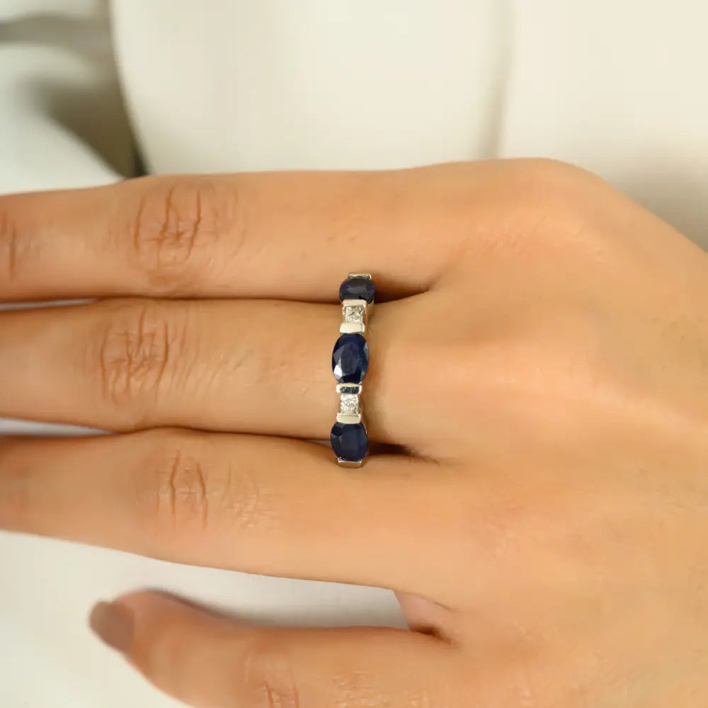 Oval Blue Sapphire & Round Diamond Three Stone Ring Real White Gold 14K Jewelry