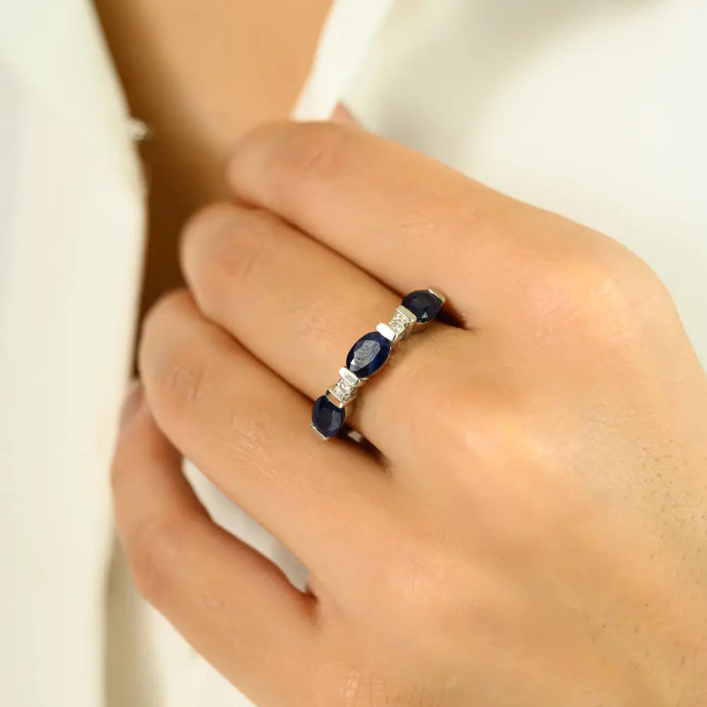 Oval Blue Sapphire & Round Diamond Three Stone Ring Real White Gold 14K Jewelry