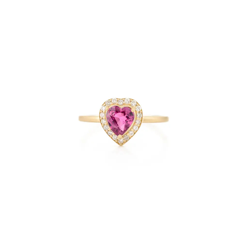 Red Ruby & Diamond Heart Shape Halo Proposal Ring In 18K Yellow Gold Anniversary Gift