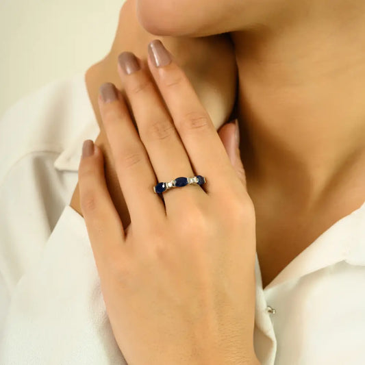 Oval Blue Sapphire & Round Diamond Three Stone Ring Real White Gold 14K Jewelry