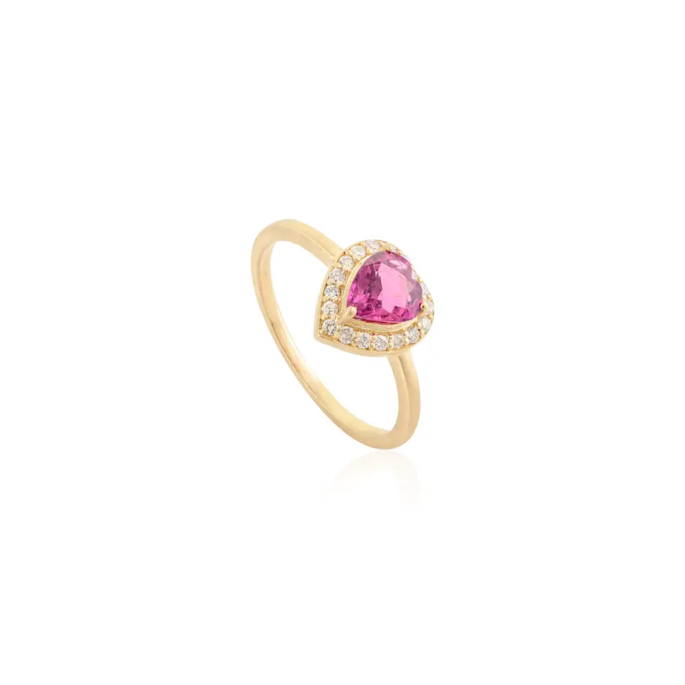 Red Ruby & Diamond Heart Shape Halo Proposal Ring In 18K Yellow Gold Anniversary Gift