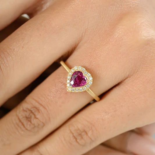 Red Ruby & Diamond Heart Shape Halo Proposal Ring In 18K Yellow Gold Anniversary Gift