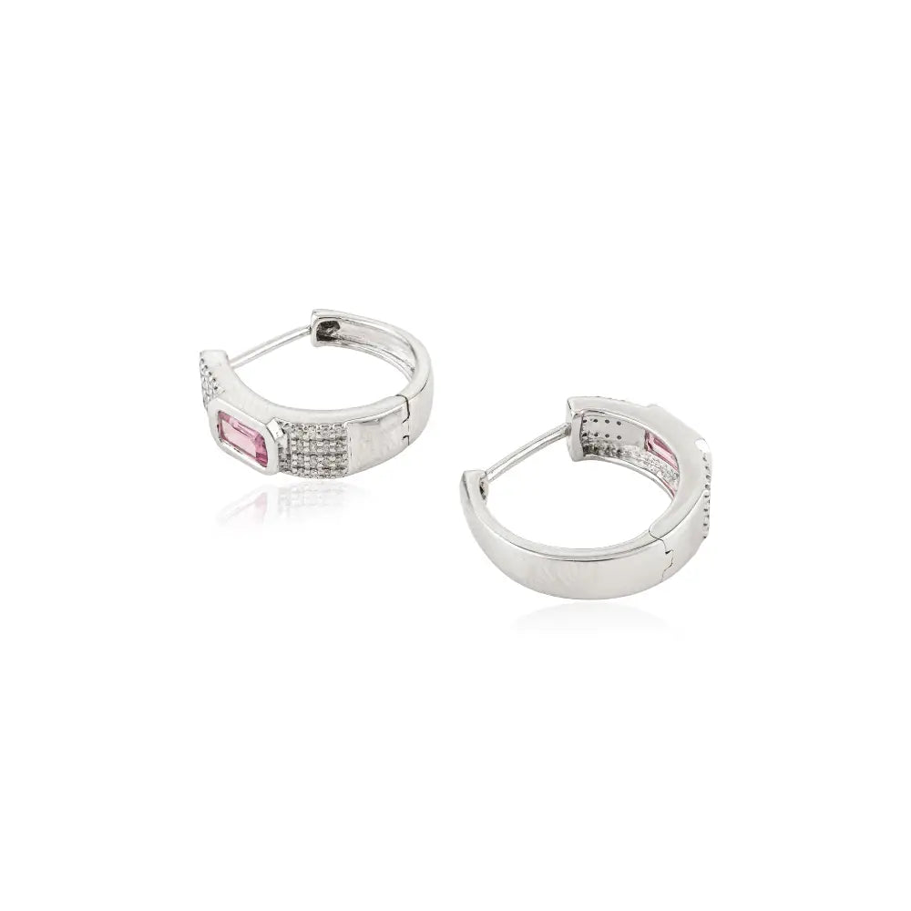 Pink Sapphire & Diamond Russian Lock Trending Hoop Earrings 14K White Gold Fine Jewelry