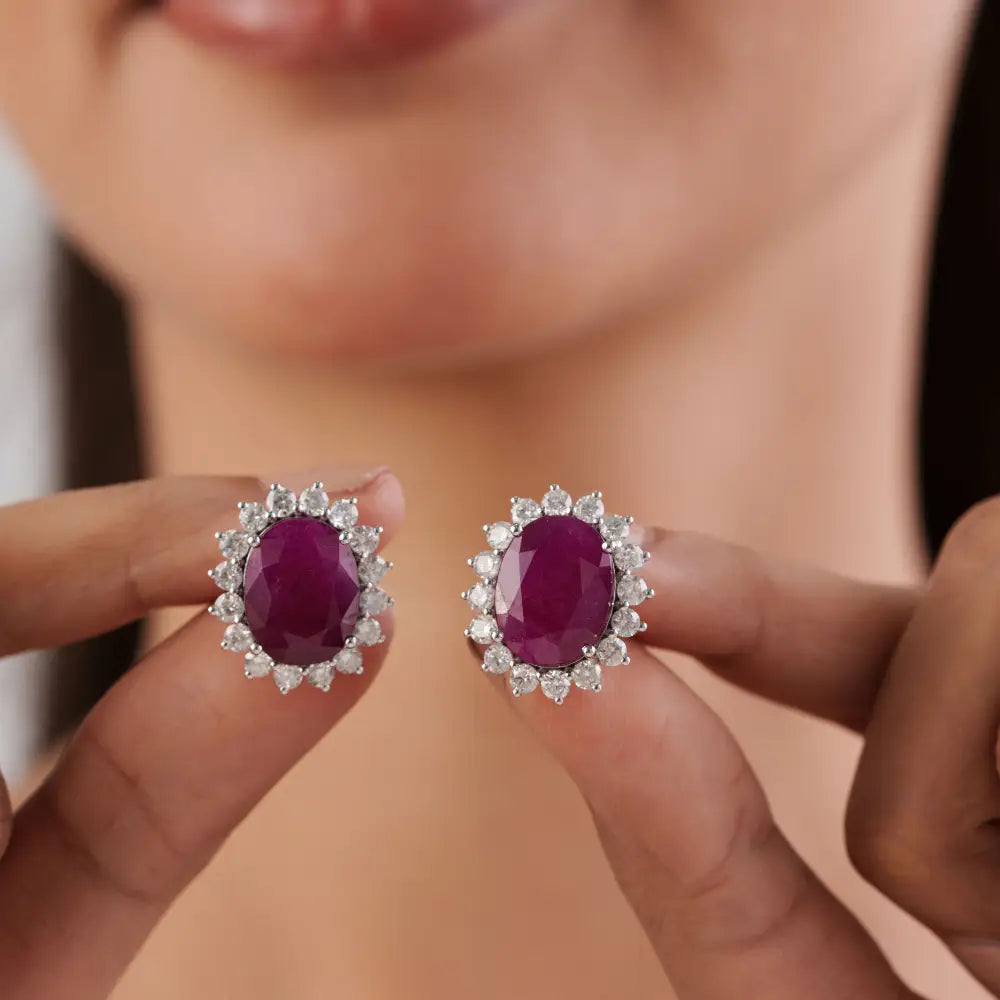 18.91ct. Ruby & Diamond Statement Cluster Stud Earrings Solid 14K White Gold Custom Jewelry