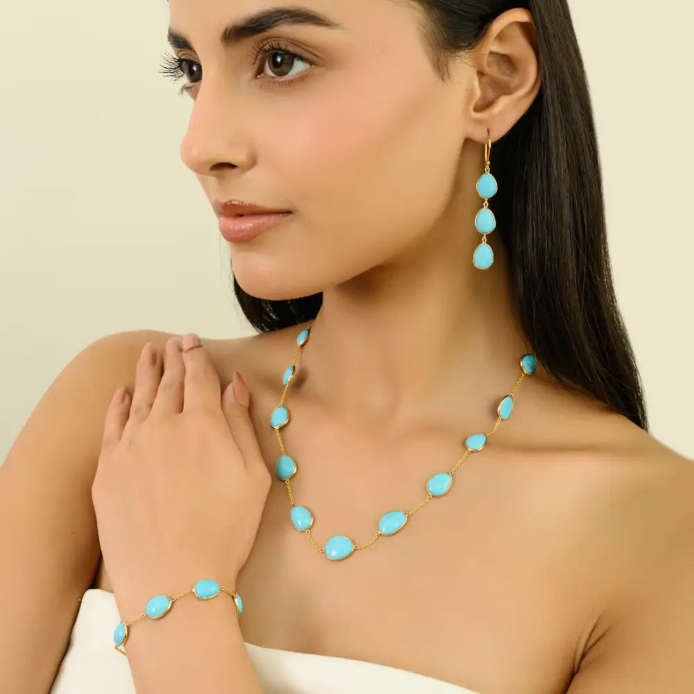 Dainty Bezel Set Turquoise Gemstone Simple Station Bracelet K14 Real Yellow Gold Jewelry
