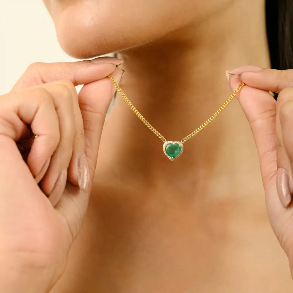 Heart Shape Gemstone Emerald & Diamond Cuban Chain Pendant Necklace 14K Solid Yellow Gold