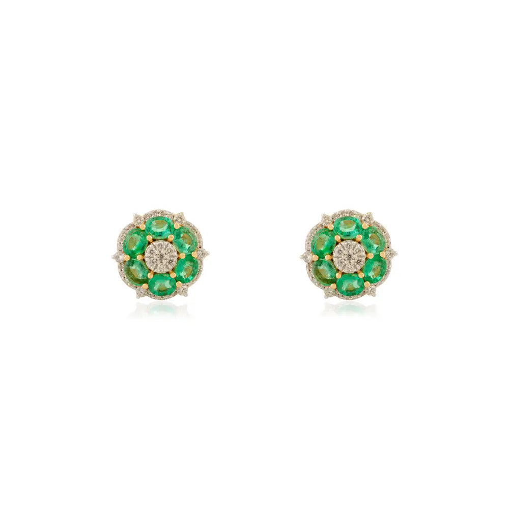 Flower Inspired Emerald & Diamond Statement Stud Earrings Fine 18K Yellow Gold Jewelry