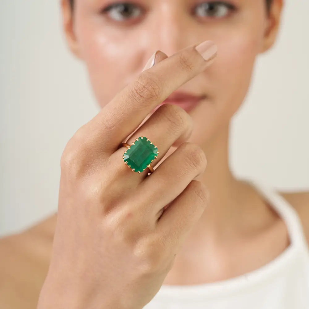 18K Solid Yellow Gold Zambian Emerald Big Gemstone Solitaire Ring Bold Statement Jewelry