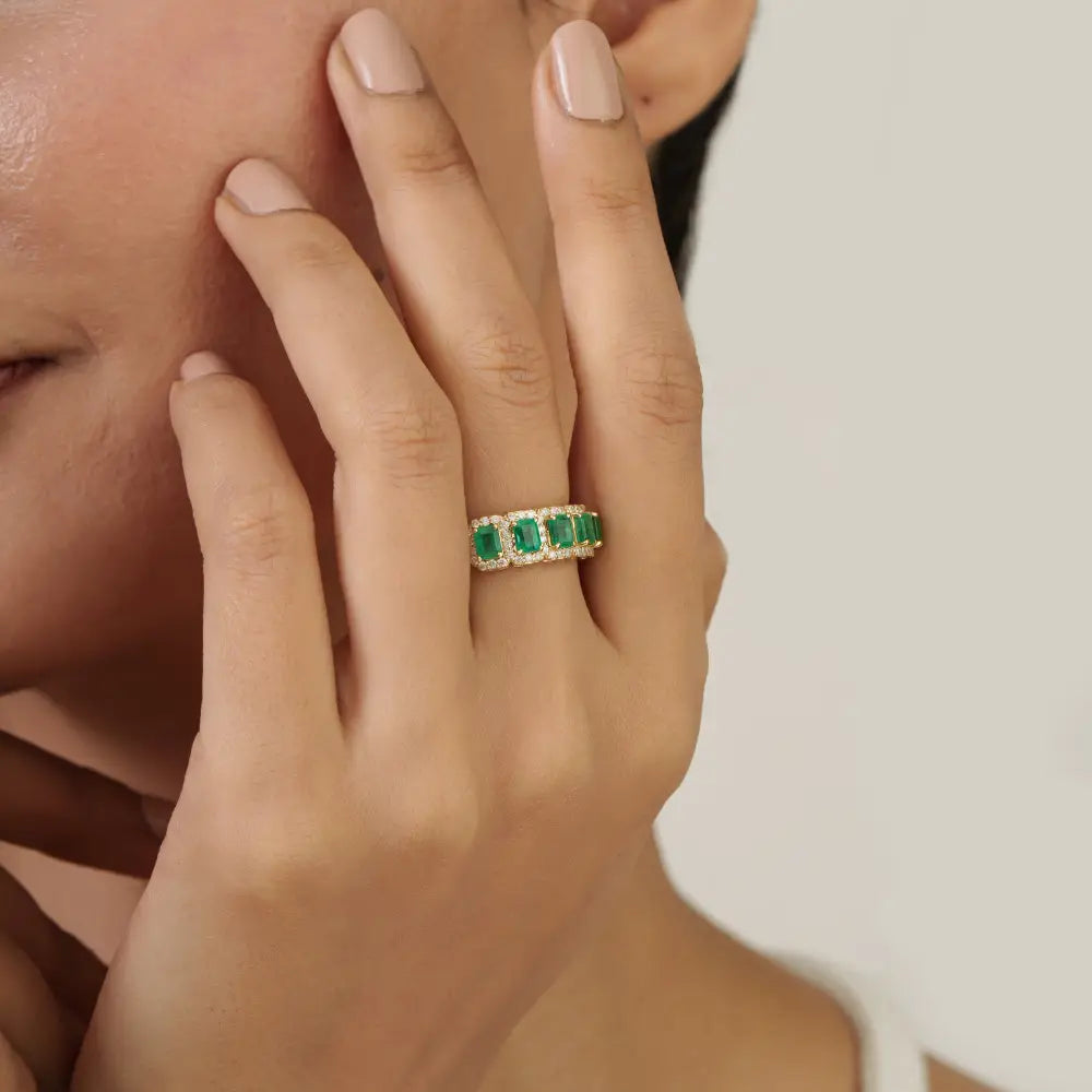 Natural Zambian Emerald & Diamond 14K Real Yellow Gold Halo Half Eternity Band Ring