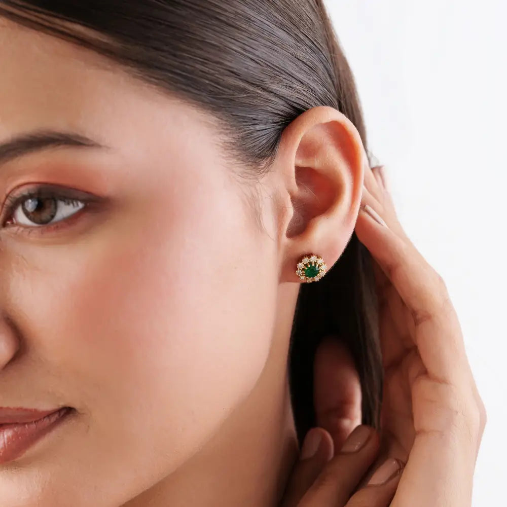 Flower Inspired Round Cut Emerald & Diamond Pure 14K Yellow Gold Stud Earrings For Girls